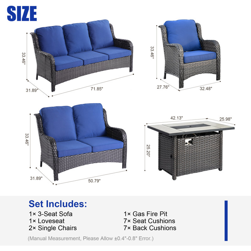 8 - Person Patio Conversation Set with Cushions, Navy Blue, Brown