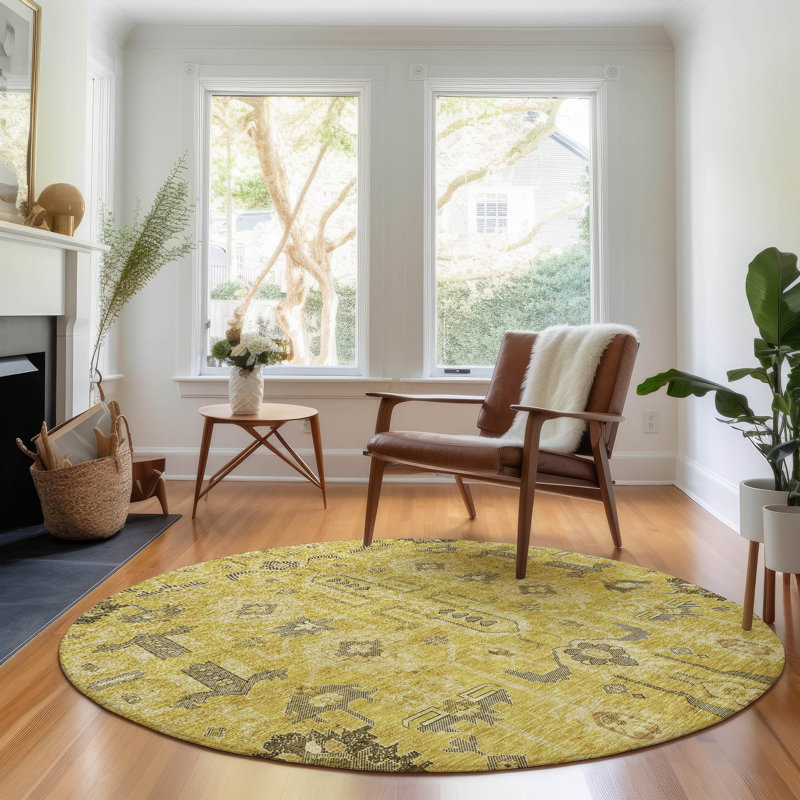 Premium Machine Washable Prisco Gold Rug, Round 8'