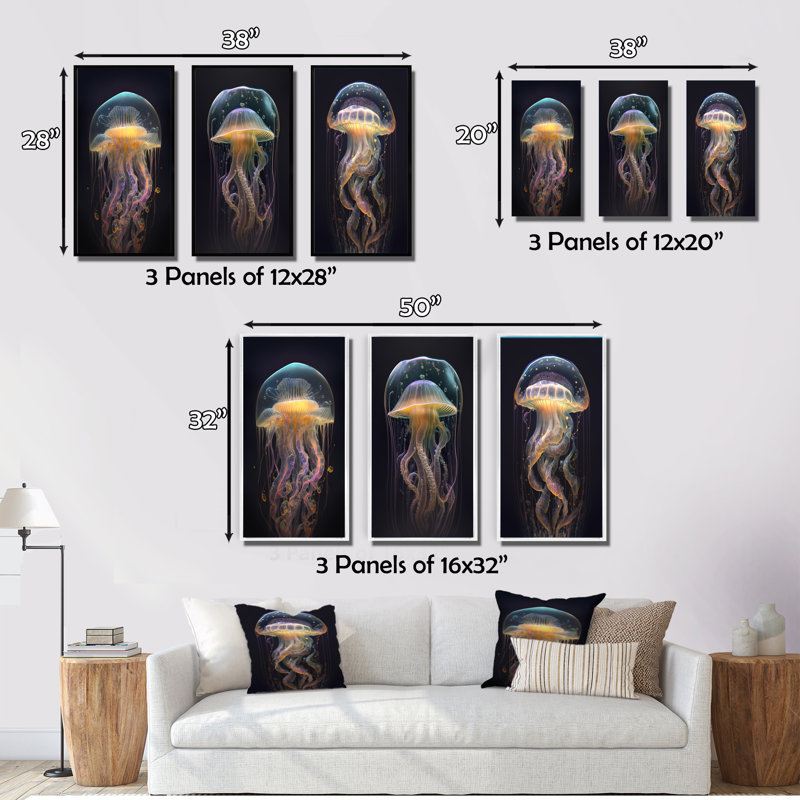 «Jellyfish», 3 pièces sur toile, Toile tendue, H 32 po x l 48 po
