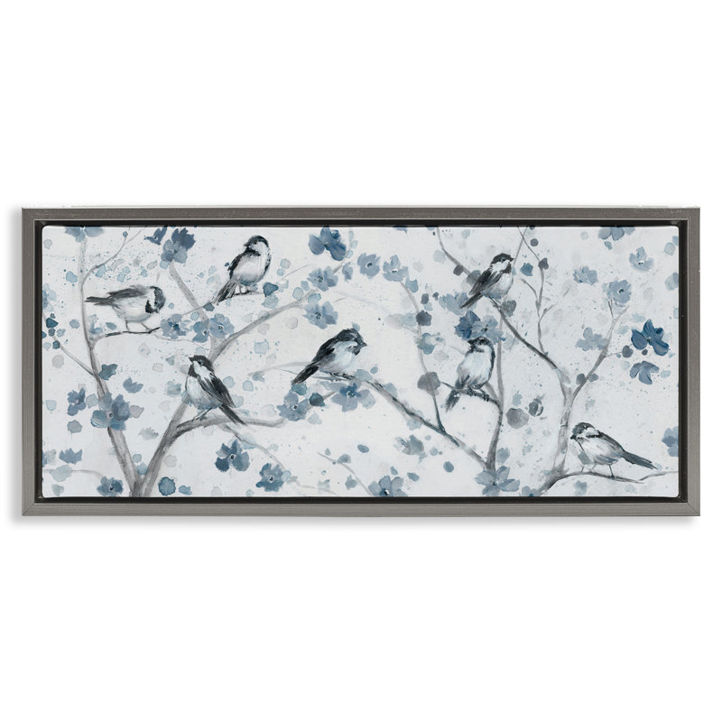 Oiseaux sur des branches tachetées, H 11 po x l 25 po, Cadre flottant gris lustré