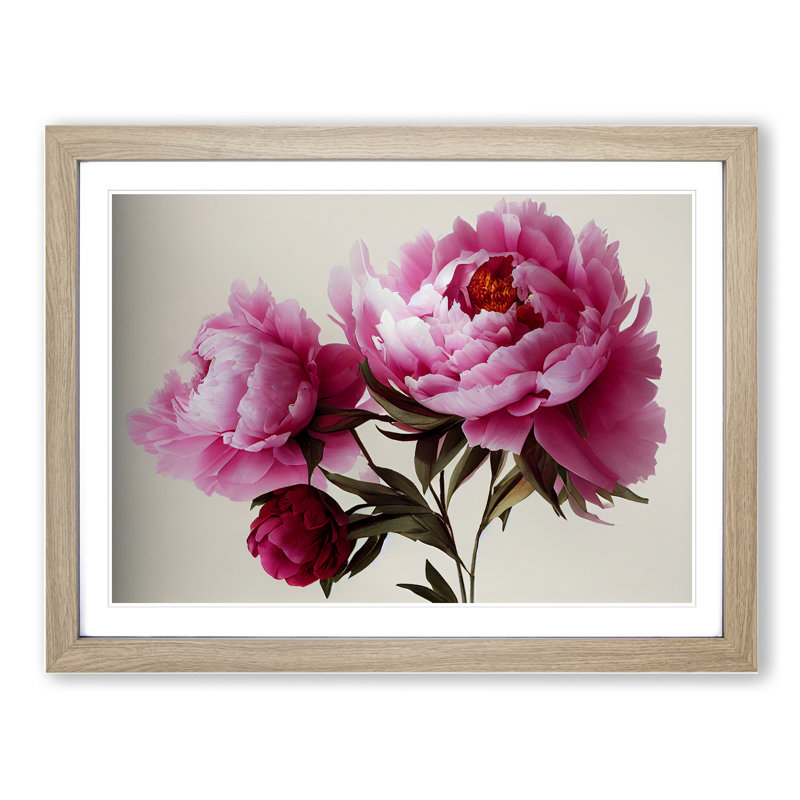 Electrifying Peonies - Single Picture Frame Print, 46cm H x 64cm W x 2cm D, Oak 
