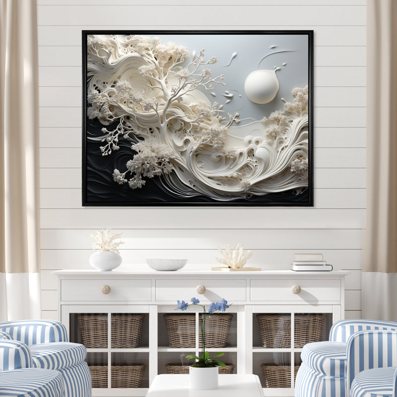 Toile grise abstraite grise - corail côtier sous l'eau, Cadre flottant noir, H 24 po x l 32 po x P 1 po