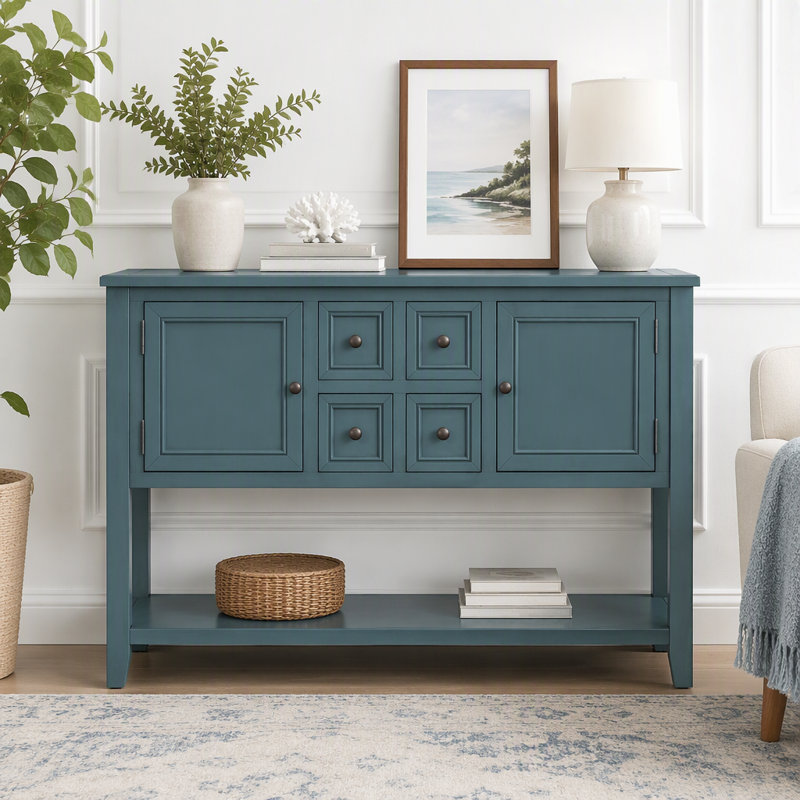 Console de rangement rétro avec quatre petits tiroirs et une tablette inférieure, Bleu très foncé