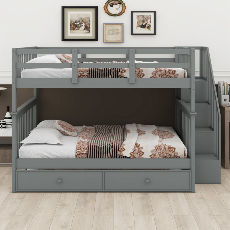 Stairway Bunk Bed With Trundle, Storage And Guard Rail, Gray