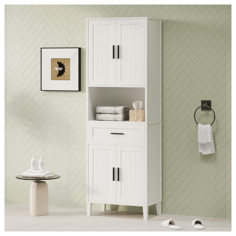 Armoire de rangement autoportante de 70,9 po de hauteur avec tiroir et tablettes réglables, organisateur en panneau de fibres à densité moyenne blanc