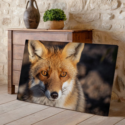 Toile, portrait rapproché d'un renard roux mettant en vedette son art mural mettant en valeur ses yeux ambrés expressifs