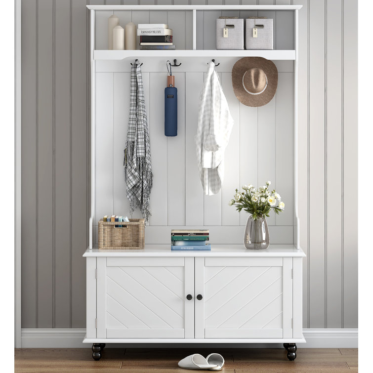 Honey-Can-Do Entryway Hall Tree Bench with Shoe Storage White