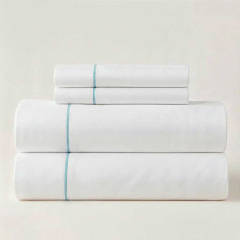 400TC Single Embroidery Sateen Solid Cotton 4 Piece Sheet Set Fitted Sheet Fits Upto 16" Deep Pocket, Queen Sheet Set