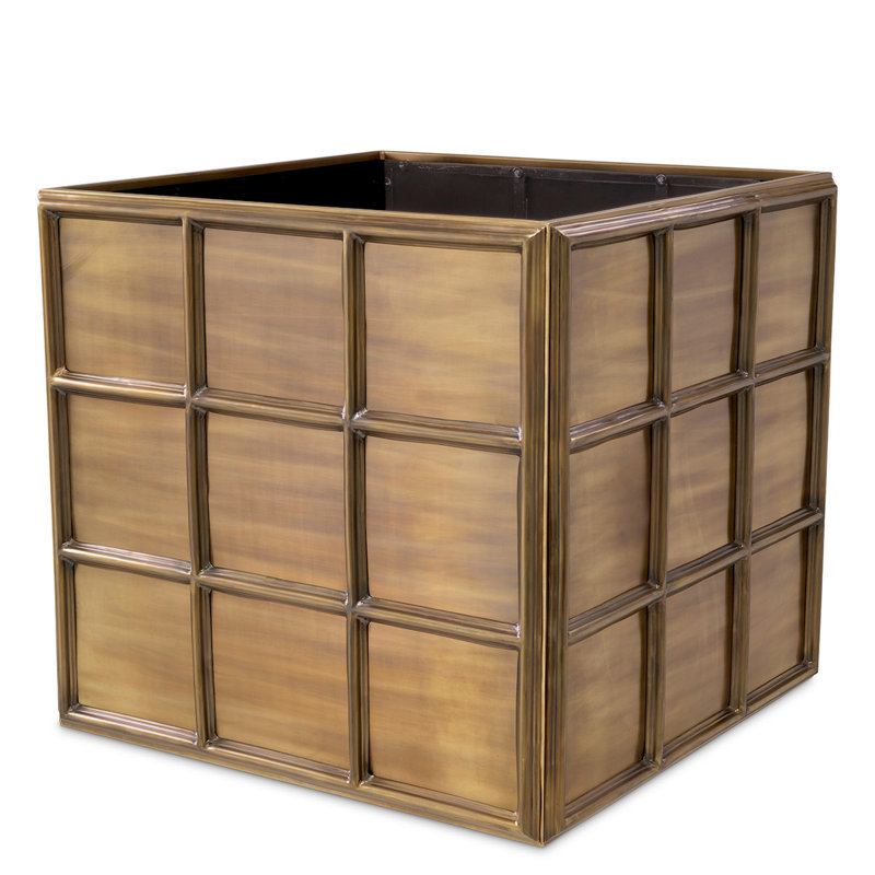 Grid Handmade Metal Planter Box, Vintage Brass, 28.15" H x 31.1" W x 31.1" D
