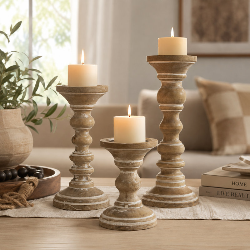 Ensemble de 3 bougeoirs de table en bois fabriqués à la main
