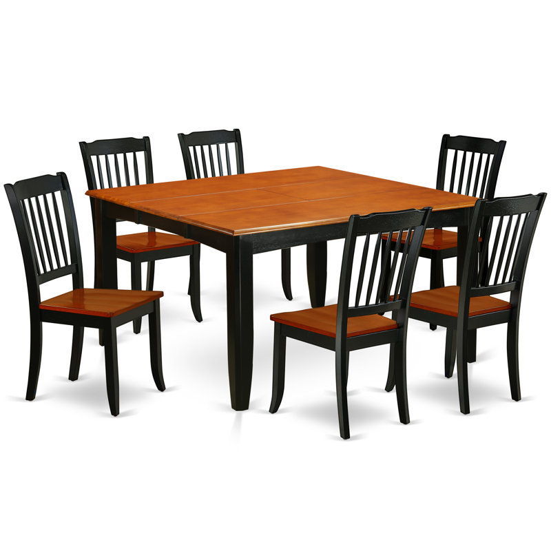 7 Piece Dining Table Set Consist of a Square Dinner Table with Butterfly Leaf and 6 Dining Room Chairs, Black & Cherry