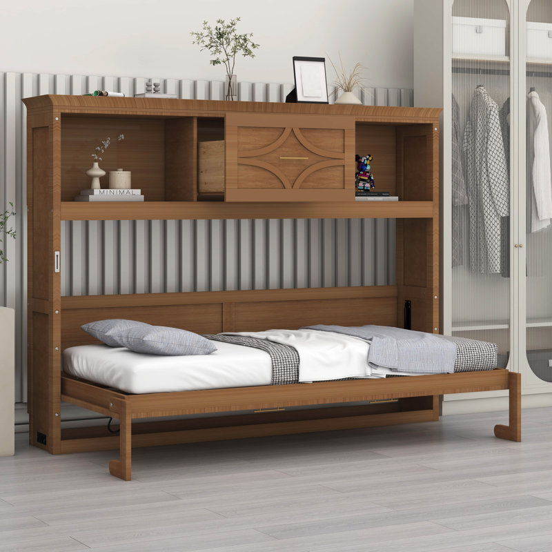 Lit escamotable simple avec station de charge et tiroir, Brun