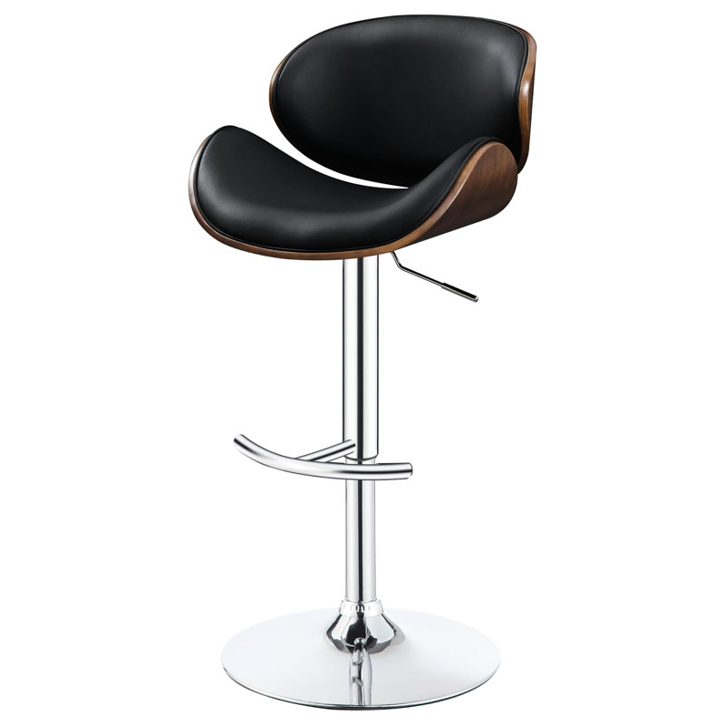 Tabouret de bar réglable pour salle à manger - noir, dossier en bois courbé noyer, base brillante, style Mid-Century