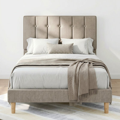 Gurit Modern Upholstered Twin Bed Frame, Tufted Velvet Headboard, Low Profile Platform Bed with Strong Wooden Slats
