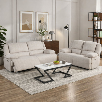 Modern Power Reclining Sofa Set 2pc Comfort Sofa Loveseat Charging Port Vanilla Beige Microfiber Upholstery Living Room Furniture