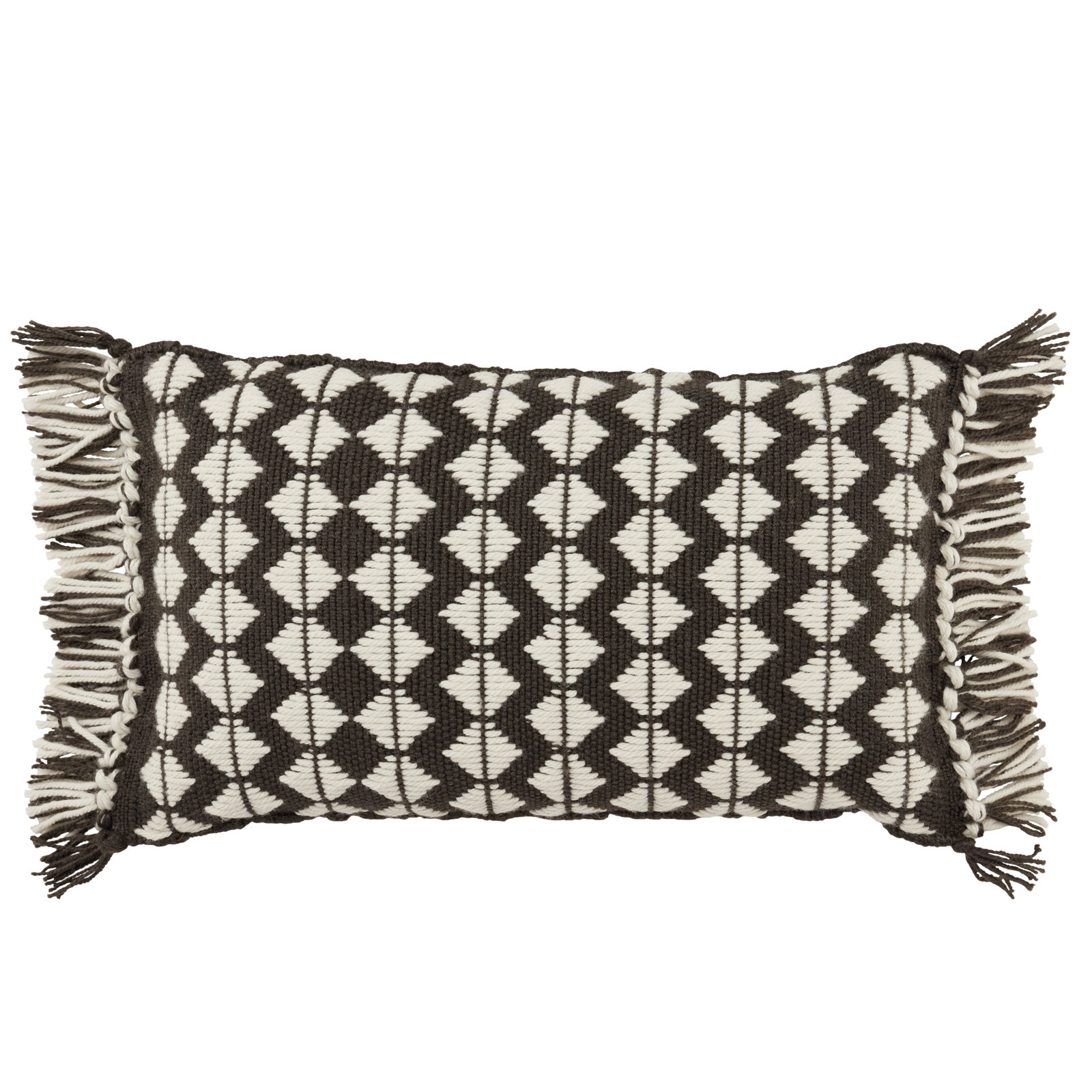 Senda Fringed Indoor/Outdoor Lumbar Throw Pillow, Black/Ivory, Polyester/Polyfill