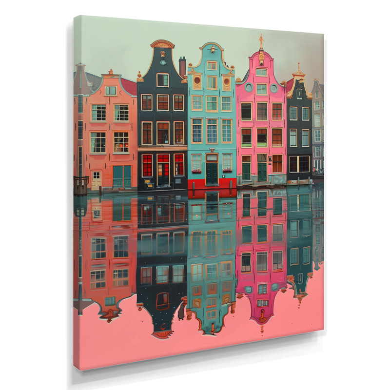 Décoration murale Amsterdam, canal gris et rose II - décoration murale Amsterdam, Toile tendue, H 32 po x l 24 po x P 1 po