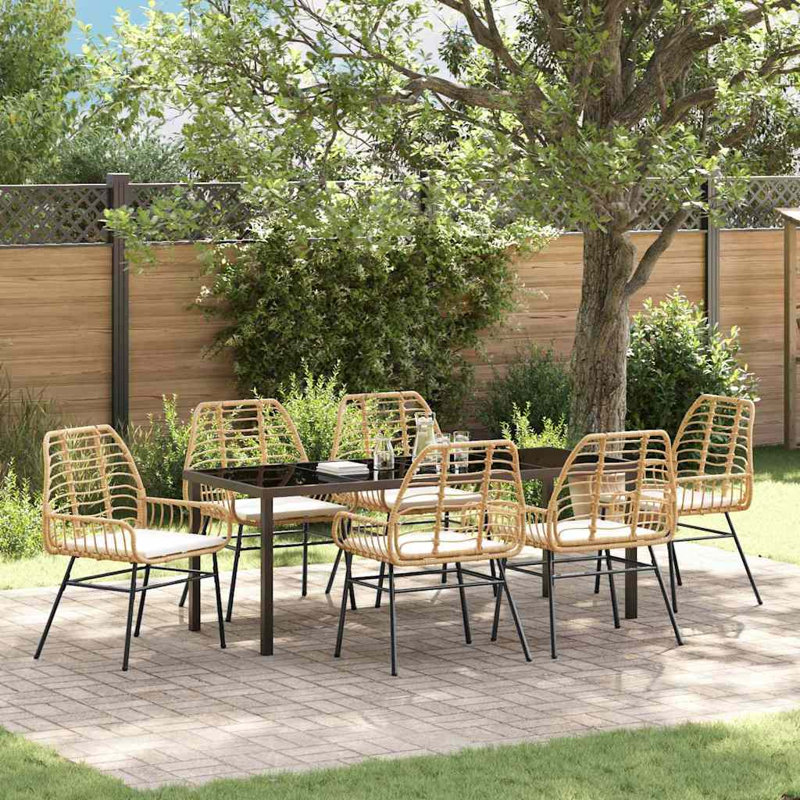  Ensemble de salle à manger de jardin 7 pièces en rotin de polyester brun, Beige Cushion/Natural Frame, 6