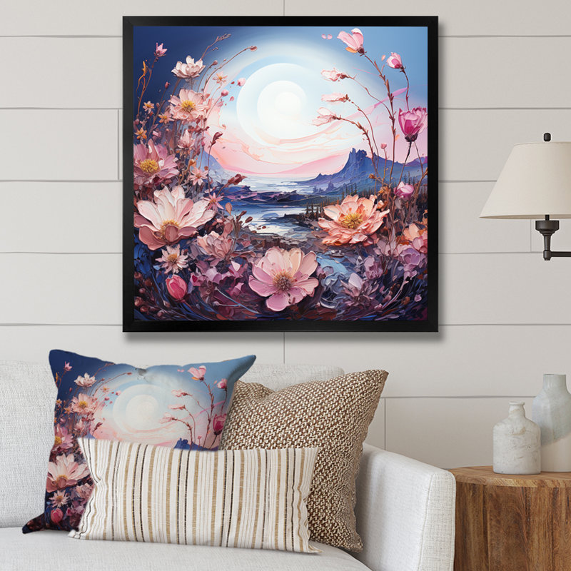 Lune mauve avec paysage de rêve, H 30 po x l 30 po x P 1 po, Cadre simple noir