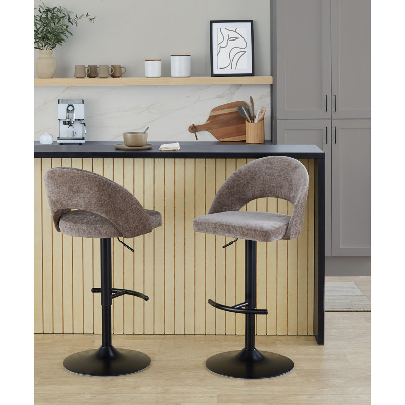 Tabouret de bar réglable avec pivot, Noir, Brun / tissu