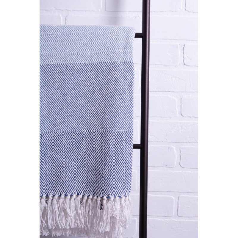 Mint and White Cotton Striped Throw Blanket with Fringe