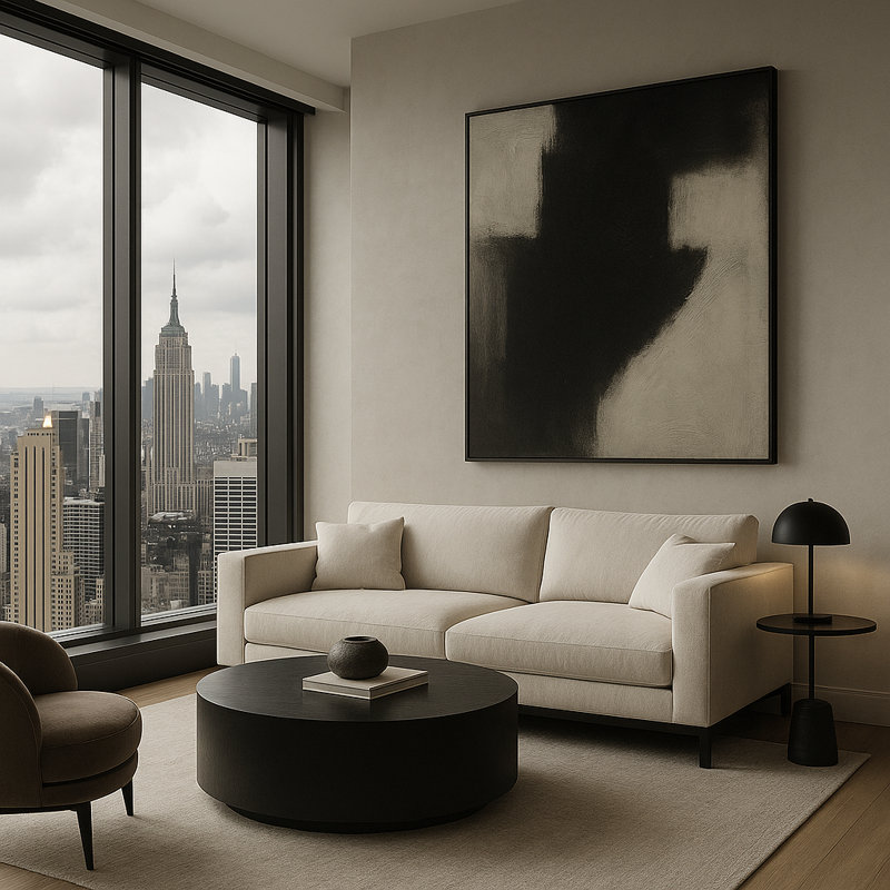 Shadow Construct: Monochrome Architectural Abstraction Framed Canvas Wall Art by Kasian Art Studio - Black Frame, Brown