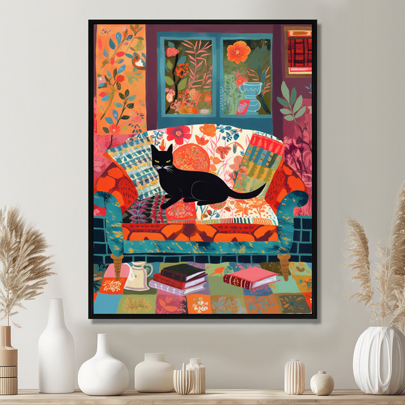 Chat noir sur canapé Boho Cozy - reproduction d'art murale chat, H 44 po x l 34 po x P 1,5 po, Toile avec cadre noir