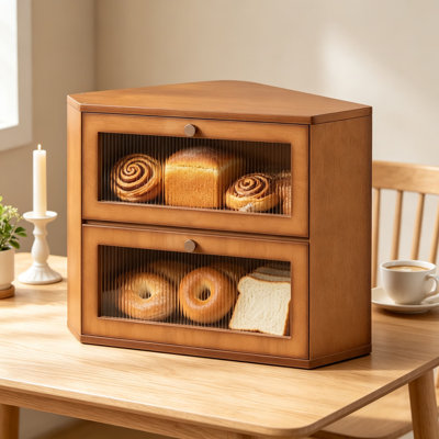 Corner Bamboo Bread Box for Kitchen Counter, Double Layer Bread Storage Container with Large Capacity and Wavy Acrylic Transparent Door