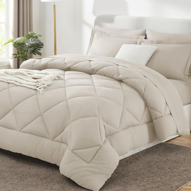 Beige Queen Reversible Microfiber Down Alternative Bed in a Bag Set