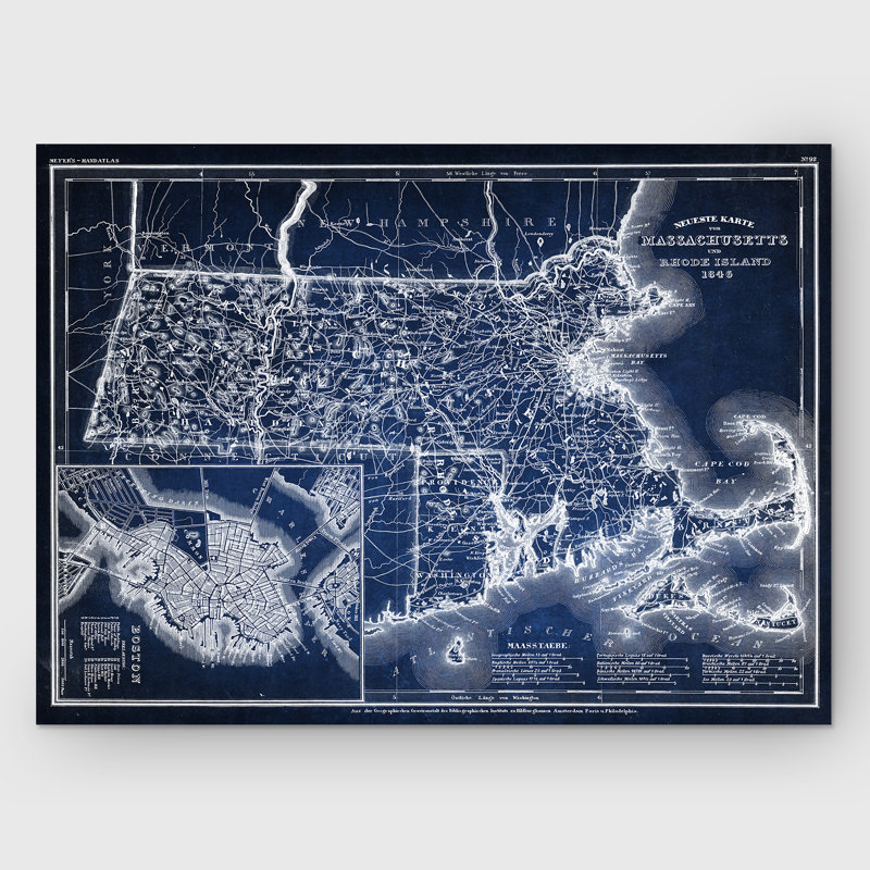 Carte d'esquisse du Massachusetts - Impression sur toile, H 36 po x l 48 po x P 1,5 po