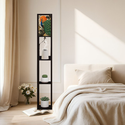 Dimmable LED Standing Floor Lamp Majestic Peacock Displaying Vibrant Feathers Against Radiant Orange, MDF Frame Floor Lamp with Remote Control, 3 Color Light, for Living Room Bedroom