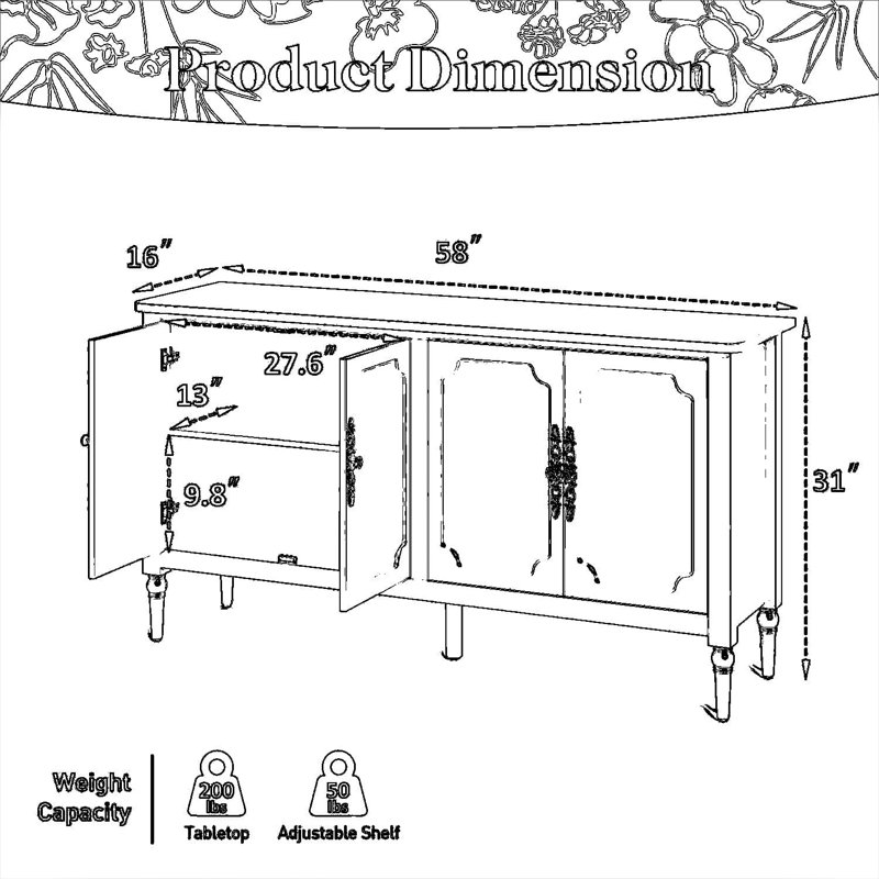 Grande armoire buffet avec 4 portes, crédence moderne de 58 pouces pour le rangement de la salle à manger et du salon, bar à café multifonctionnel et bar à vin