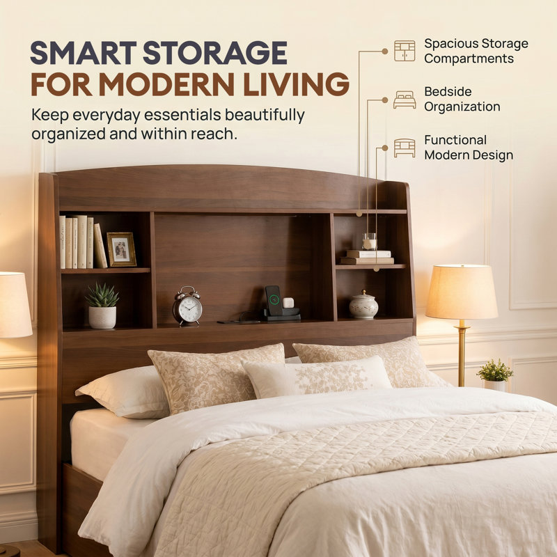 Grande tête de lit Basic Basic de 62 po avec tablettes ouvertes et système de gestion de câbles intégré à plusieurs sections pour les appareils de livres et la configuration de chambre à coucher peu encombrante pour un accès facile