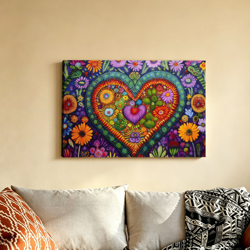 Affiche de cœur d'art populaire mexicain avec fleurs, 24x36inch