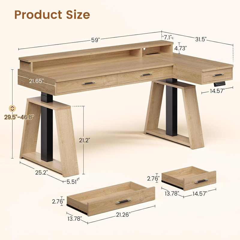 59" L Shaped Electric Standing Desk With Drawers, Oak