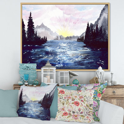 Paysage de montagne avec forêt de grands sapins - peinture sur toile