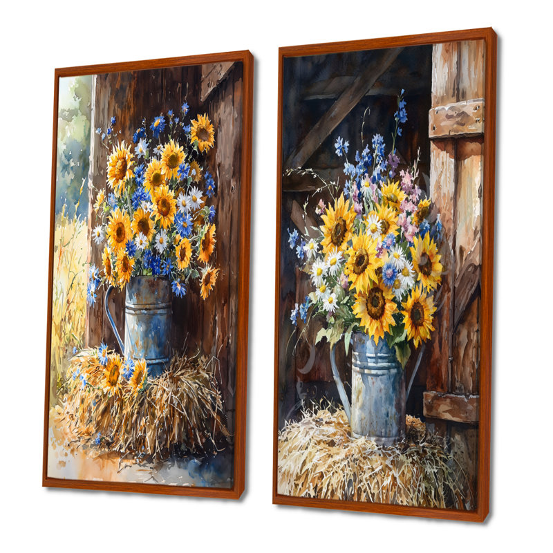 Assortiment de fleurs et fleurs du champ I - décoration murale florale 2 panneaux, H 40 po x l 41 po, Cadre flottant brun