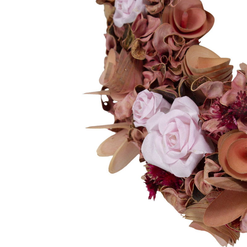 Couronne de fleurs artificielle rose en bois 12 po