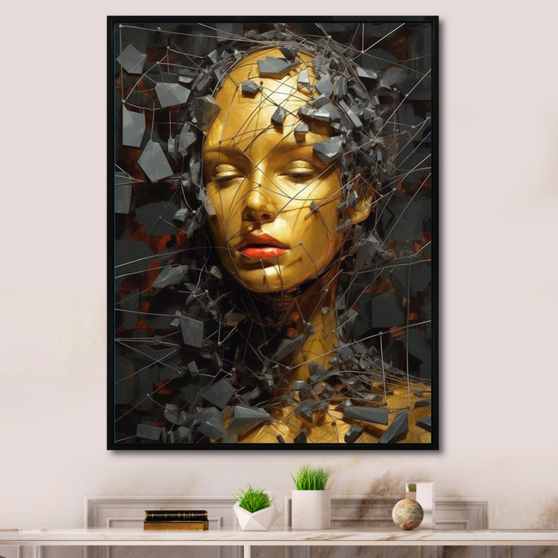 Or doré et femme abstraite, art mural mode, salon, H 44 po x l 34 po x P 1,5 po, Cadre flottant noir