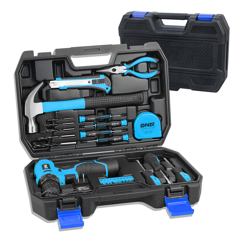 21 Piece Portable Household Hand Tools Kit 12 Volt Cordless Impact Drill/ Driver Storage Tool Box (Blue), Blue