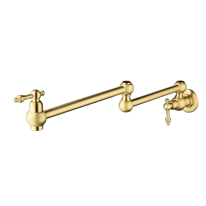 Gold Brass Wall Mount Pot Filler Faucet, Arm Enhances Convenience And Functionality, Double Handles Stable Accurate Water Flow, Corrosion Surface Conservation Method, Tranquil Non-Interfering Aerator