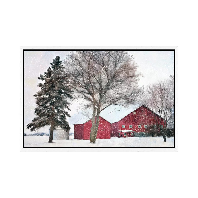 Snowy Barn by Bluebird Barn - Print on Canvas, 66.04 cm H x 45.72 cm W, White Framed