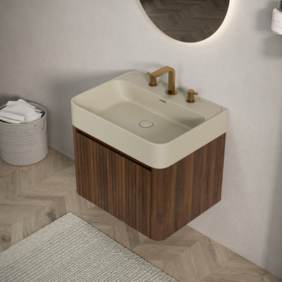 Meuble-lavabo LORAN 24 avec lavabo intégré, meuble de rangement suspendu, couleur beige crème chaud, lavabo intégré en surface solide avec 3 trous pré-percés pour robinetterie, démonté, robinetterie et bonde non inclus, finition noyer.