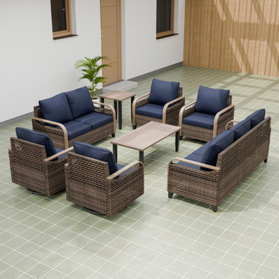Ensemble de conversation de 8 pièces avec canapé et accoudoirs en osier brun pour terrasse
