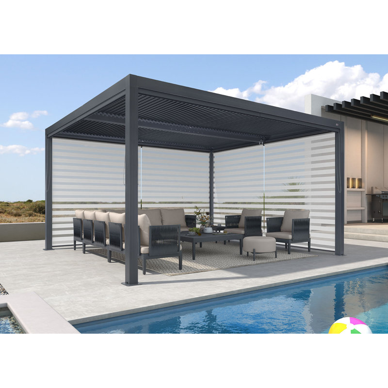 Pergola en aluminium avec abat-jour à enroulement, 1 côté long et 1 côté court, Gris, 14 pi x 12 pi