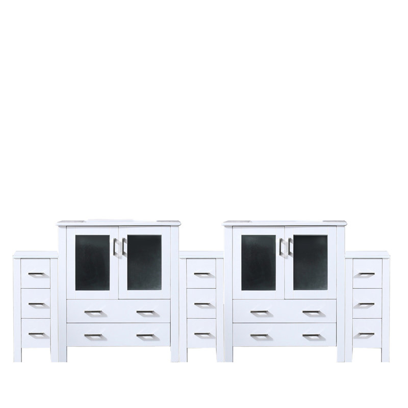 96 po Meuble-lavabo blanc avec plateau en céramique - 13 tiroirs et salle de bain double Elegance blanc, style charmant