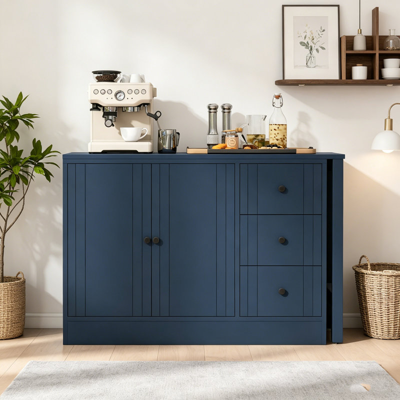 Buffet extensible 89,7 po en bois avec 2 portes et 3 tiroirs, armoire de rangement multifonctionnelle, Marine