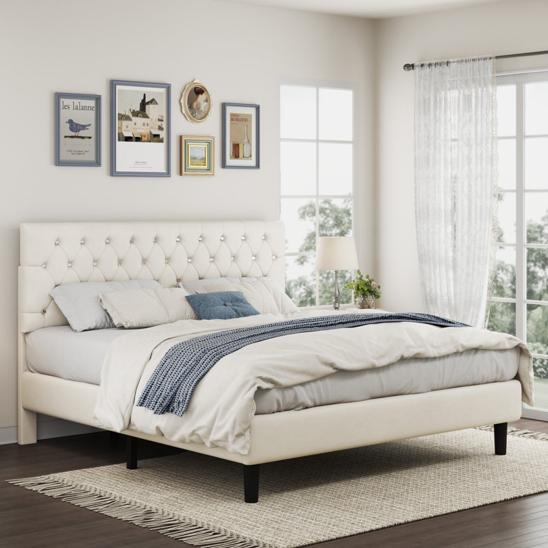 Mandipa Faux Leather Upholstered Bed with Diamond Tufted Headboard, White, Queen
