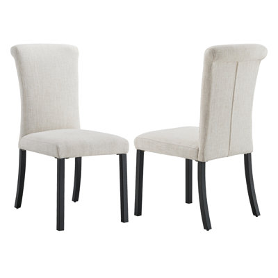 White Linen Upholstered Dining Chairs with Rolled Back Design and Black Metal Legs, Set of 2