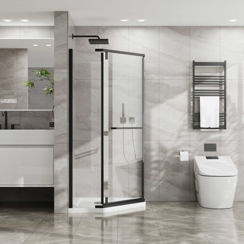 Frameless Shower Door with White Acrylic Shower Base, Black